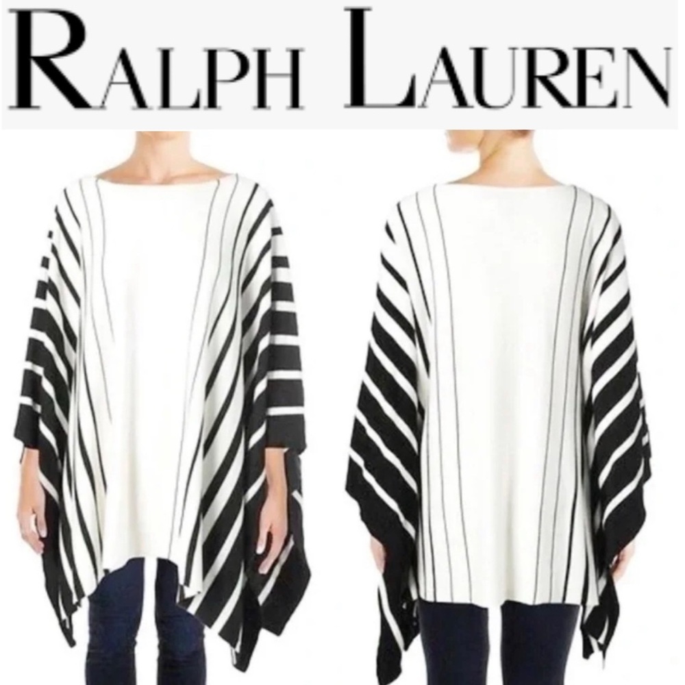 RALPH LAUREN BLACK AND IVORY STRIPE COTTON BLEND PULLOVER PONCHO SWEATER **NWT**
